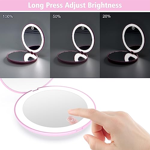 WOBSION LED Spiegel mit 1X / 10X Vergrößerung,USB Wiederaufladbar Faltbarer Reisespiegel mit Licht Dimmbarer,Tragbarer Taschenspiegel für Reise und Makeup,Kleiner Handspiegel als Geschenk,Rosa