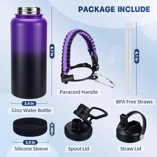 Image of Insulated Water Bottle, 32 oz Stainless Steel Wide Mouth Water Bottles with 2 Leak Proof Lid and Paracord Handle, Double Wall Vacuum Insulated Sports Water Bottle, Purple Black