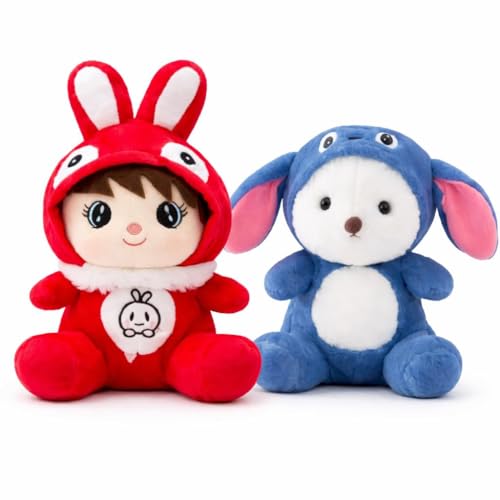 Image of Bunny Girl & Hooded Bunny Combo Soft Toys for Kids - Cute Plush Stuffed Animal Dolls (Pack of 2) | Soft Cuddly Toys for Boys & Girls | Birthday Gift Set, Home Decor & Kids Play Toy
