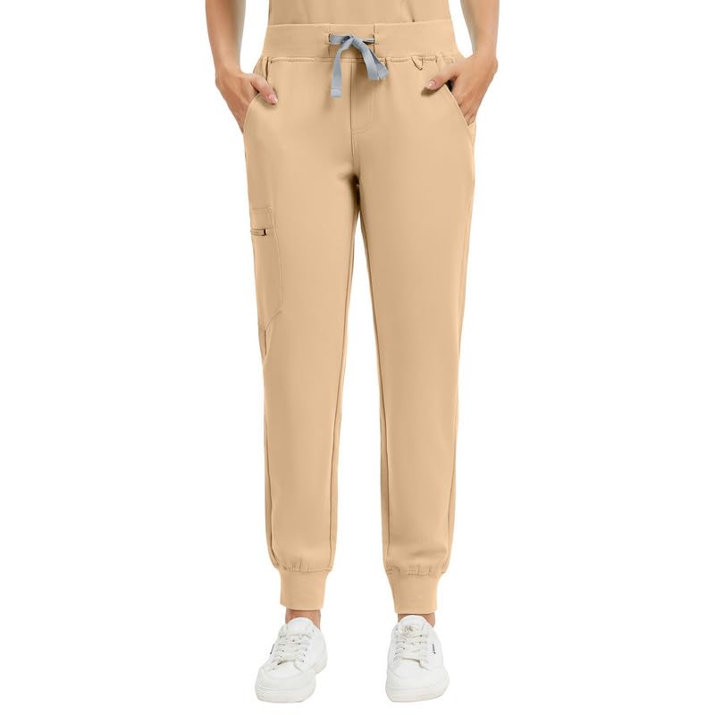 Image of Kitmaz Scrub Pants for Women - Mid Rise 4-Way Stretch Anti-Wrinkle Slim Fit Jogger Pants, Drawstring & 5 Pockets