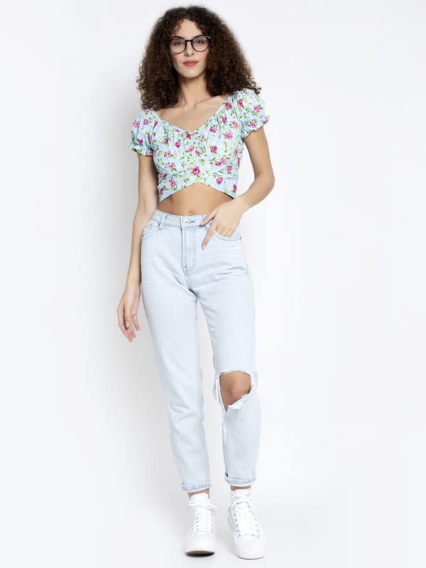 Image of ELEVANTO Women's Ruffle Stylish Short Sleeve Tie Up Back Crop Top Off Shoulder Bardot Blouse /Tops for Summer