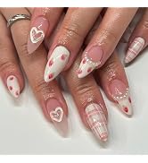French Tip Press on Nails Medium RIICFDD Almond Fake Nails Pearl Charm Designs Cute Strawberry Pa...