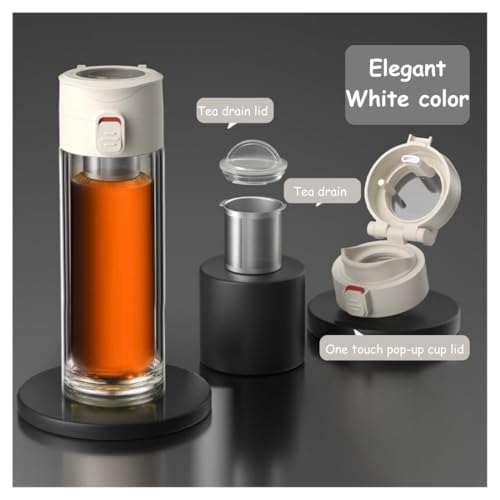 Image of Wosta Leakproof Glass Water Bottle with Stainless Steel Infuser Glass Tea Infuser Bottle with Strainer and Neoprene Sleeve for Loose Leaf Tea, Cold Brew Coffee. (I - WHITE, 300ML)