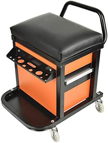 E041 Padded Creeper Seat with Onboard Storage, Rolling Tool Box Chair with Storage Rack and Drawers, Mechanics Roller Seat with Storage Drawers and 2-1/2" Swivel Casters, 300 lb. capacity