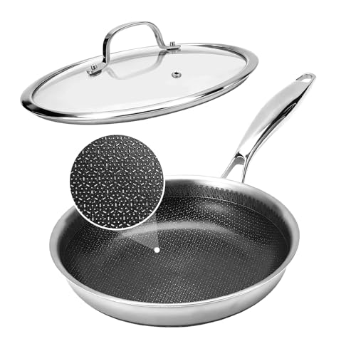 Legacy Culinaryware 10 Inch Tri-Ply Stainless Steel Hybrid Frying Pan with Lid - Ceramic Nonstick Skillet Induction & Oven Safe 600F PFAS/PFOA Free Professional Clad Cookware
