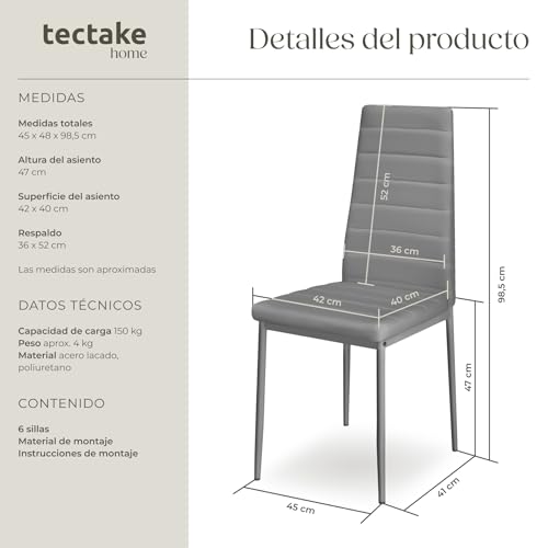 Miniatura 3 de Tectake Sillas De Comedor Acolchadas, Funda De Cuero Sintético, Respaldo Alto, Patas De Acero, Montaje Sencillo, Sillas Comedor Modernas, Muebles Salon Modernos, Silla Nordica - 6 Sillas Gris