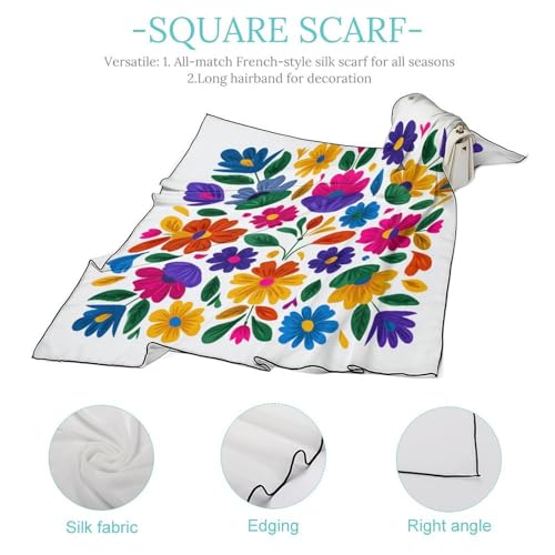 Simple Flat Mexican Flowers Women Hair Scarf Square Silk Like Head Scarves Handkerchief Satin Neck Scarf4