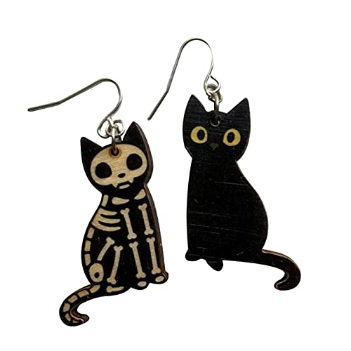 Ohrringe, Geschenke für Frauen, Skelett-Katze, Holz, personalisierbar, modische Ohrstecker für Mädchen - Baumelnd, Vintage-Halloween-Zubehör, tolles Geschenk für Frauen und Mädchen Cover