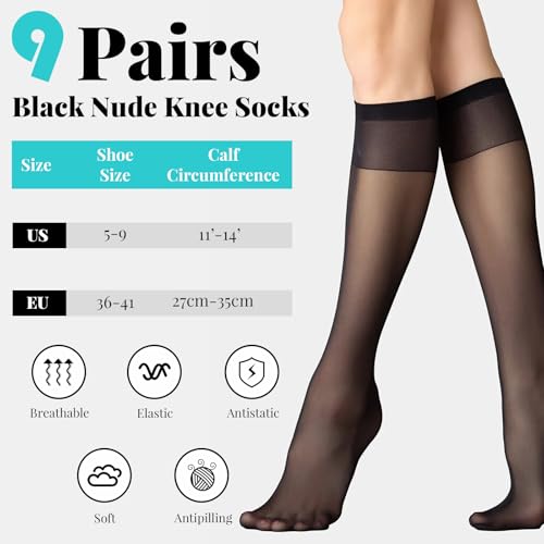 9 Pairs Knee High Socks Pop Sock For Women, Light Skin Color Women's Knee Sock, Sheer Long Socks Stockings For Women Nude Knee High Tights Sheer Nylon Stockings For Girl Black Skin Color4