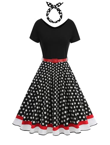 Odizli Rockabilly Kleider Damen Vintage Retro 50er Jahre Audrey Hepburn Petticoat Kleid Sommer Kurzarm Polka Dot Gepunktet Swing A Linie Festlich...