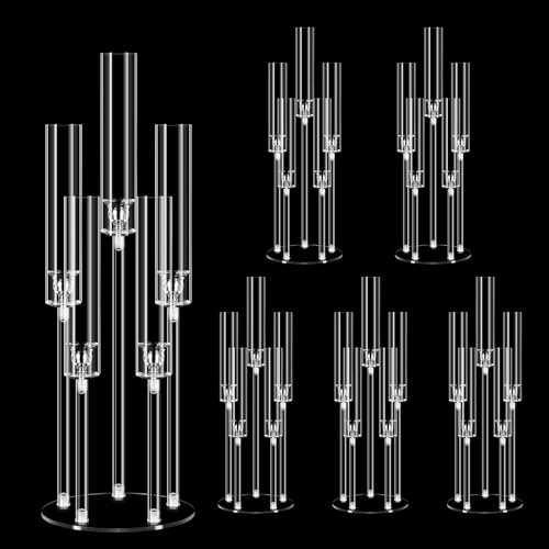 6 Set 26.8'' Tall Acrylic Candelabra Centerpieces for Wedding Table Decorations,Clear 5 Arms Candlesticks Holder with Acrylic Shade for Candlelight Dinner Party Fireplace Gift Fit LED Candle