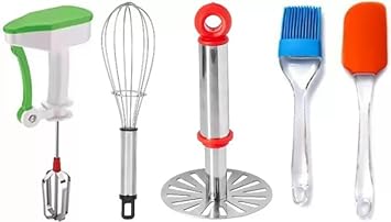 Masher Whisk Spatula & Brush (Pack of 5) Kitchen Tool Set (Multicolor, Blender, Brush, Masher, Spatula, Whisk)