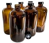 (Pack of 6) 32 oz. Amber Boston Round with Black Poly Cone Cap