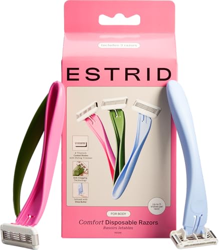 Estrid Disposable 4-Blade Womens Razors with Moisturising Strip | Smooth Shave for Sensitive Skin | Recyclable Handle | Assorted Colours | 3 Pack