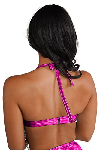 Rave Outfits For Women - Metallic Holographic Body Chain Harness Top High Waist Bottom Festival Dance Bikini Set(Rose,Xs,1314E) #TOP3