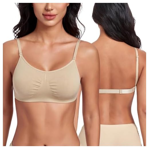 DotVol Damen Nahtlos BH Ohne Bügel Doppellagig Soft Ungepolstert Rückenfrei Unterwäsche mit verstellbaren transparenten Trägern Komfort(Nude,M)
