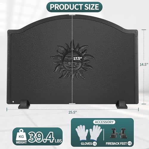 Permade Iron Fireback with Feet - 25in Sun Fireplace Heat Reflector, Heat-Resistant Material with Decorative Design for Wall Protection - Thumbnail 3