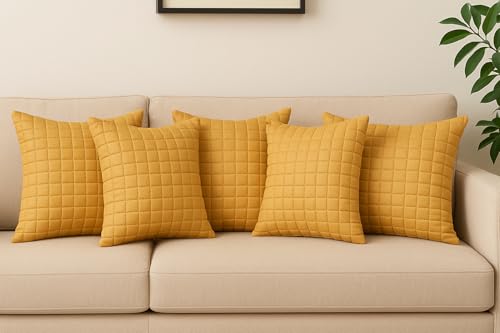 Image of Premium Quilted Cushion Cover 16x16 Inch - Dupion Silk Blend - Soft & Durable Decorative Pillow Cover for Sofa, Bed, Living Room - Set of 5 pc (Wood)