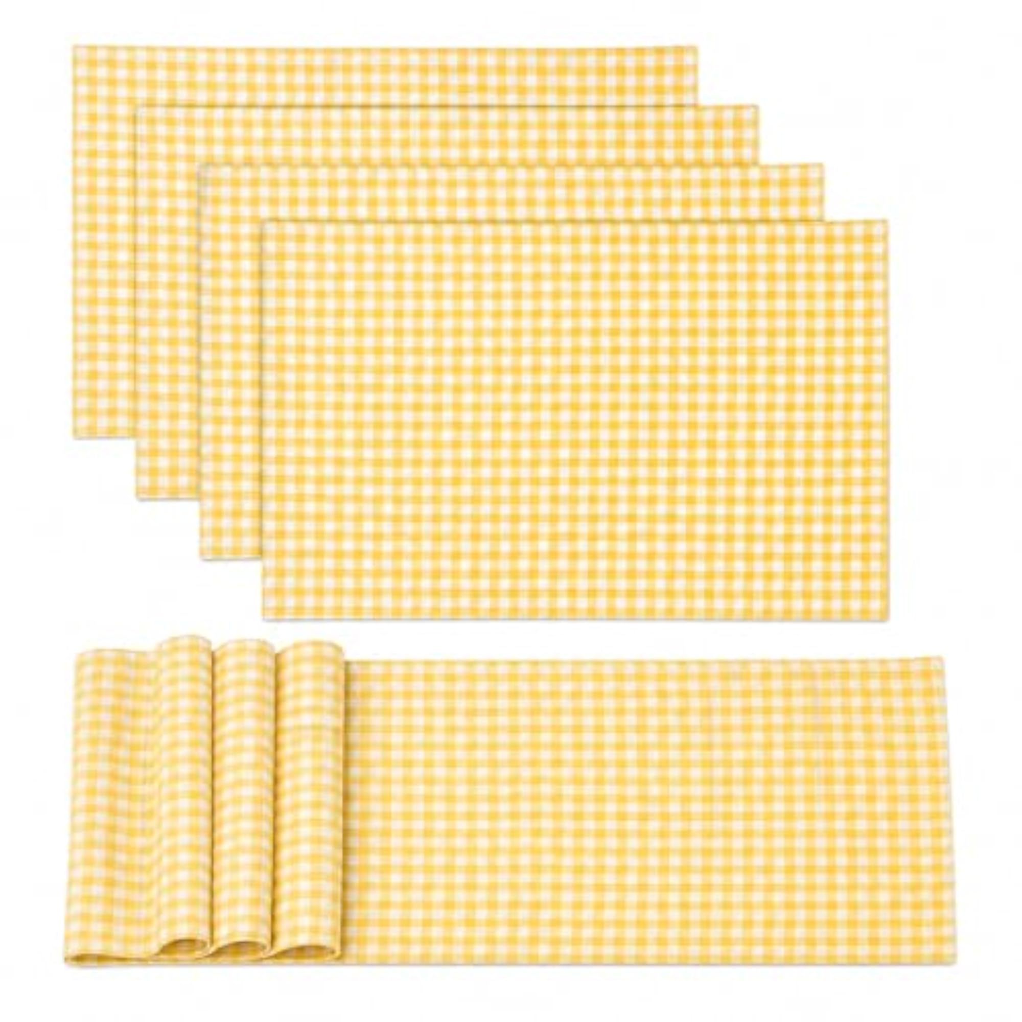 Table Mats Set with Runner, Yellow & White Checkered Design