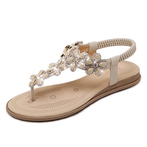 iCKER Women Rhinestone Sandals T-Strap Buckle Bohemian Pearl Crystal Flat Sandals-929-Apricot-8.5