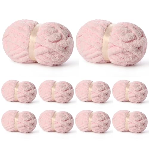 10 Pack of Pink Soft Jumbo Chunky Yarn for Hand Knitting,Thick Blanket Yarn for Crocheting, #10 Super Bulky Yarns, 220yds/70.5oz Fluffy Chunky Chenille Yarns for Crocheting.