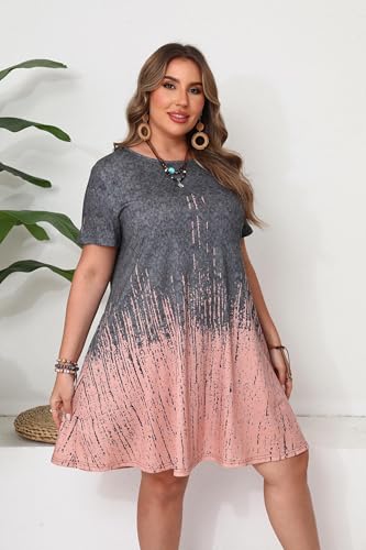 Image of Plus Size Vacation Dress for Women Short Sleeve Summer Beach Sundress with Pockets Loose Fit Knee Length Swim Cover up 3X Tie Dye