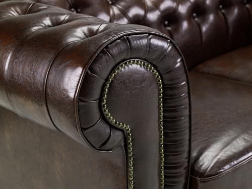 Chesterfield 3+2 Seater Sofa - Leather Deep Button Tufted Settee - Traditional Couch Style Venus Sofas - Luxury 3 Seater Corner Deep Buttoned Back for Living Room Reception (Brown, 3+2 Seater) - Image 3