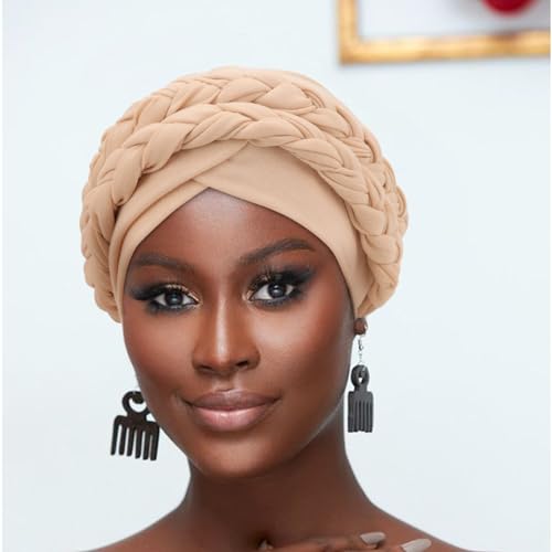 Image of DRESHOW African Women Turban Caps Beanie Twist Headscarf Pre-Tied Double Twisted Braid Hair Cover Wrap Hat Chemo Cancer Cap