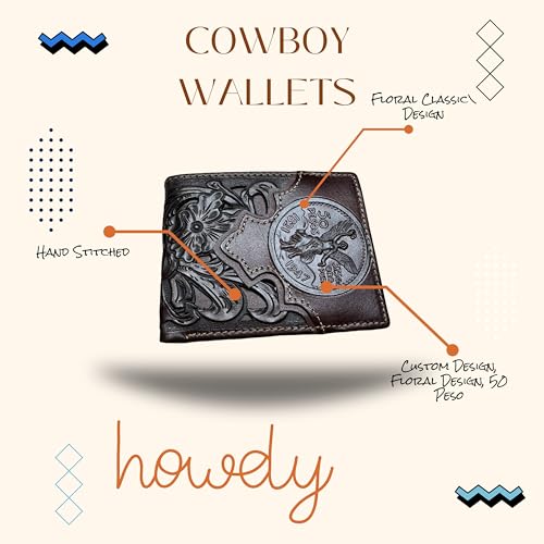 Men’s Short Leather Wallet – Floral Laser Cut Bifold with Embossed Mexico 50 Peso Coin Design – Western Vaquero Wallet for Cowboys & Latino Gift Ideas4