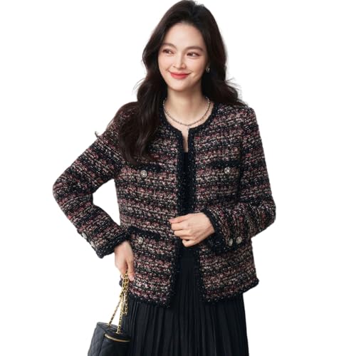 Veste en laine tweed femme chic col rond pour style automne hiver