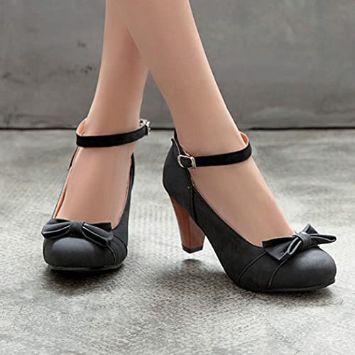 DEERBUNNY Women's Suede Block Heels Mary Jane Shoes Bowknots Ankle Strap Pumps Heeled Wedding Party Office Dress Shoes3