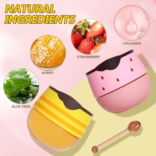2Pcs Honey+Strawberry Bee Balm Lip Mask Set, Propolis Lip Care Cream Moisturizer Lip Mask with Lip Brush, Reduce Lip Lines & Wrinkle Lip, Hydrating Prevention Dry and Cracked Lip Scrubs Exfoliator - Image 7