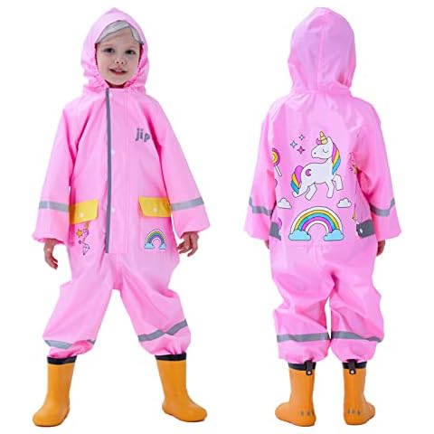 Baogaier Rain Suits for Girls Pink Toddler Puddle Suit Waterproof All in One Rainsuit Hooded Coverall Lightweight Raincoat Jacket Onesie with Rainbow Printing for Camping Cycling Kids 2-4 Years Cover