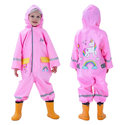 Baogaier Regenanzug Mädchen Rosa, Regenjacke mit Kapuze Wasserdicht Atmungsaktiv Lang Leicht Einteilig Regenmantel Regenhose Pfützenanzug mit Reflektierende Streifen für Kinder 2-4 Jahre, Einhorn