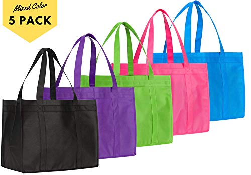 NZ Home XL Reusable Grocery Bags, Heavy Duty Shopping Tote, Stands Upright, Foldable, Washable (Mixed Color 5 Pack)