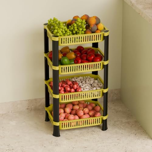 Image of Multipurpose Plastic Storage Rack for Kitchen | Foldable Vegetable & Fruit Organizer Stand for Onion, Potato, Sabji | Countertop Multi-Layer Basket Rack for Home, (Yellow, 4 layer)