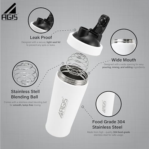 Image of AGIS Steel Shaker Stainless Steel 700ml Leakproof Shaker Bottle with Measurement Marking, Perfect for Fitness Enthusiast & Athletes, Ideal for Mixing Protein Shakes & Pre-Workout Formula (White)