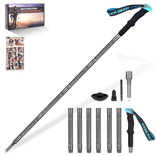 Hiking Walking Staff, Outdoor Multitool Gear Trekking Pole, 55.5 Inch Detachable Adjustable Hiking Stick Gear for Outdoor Camping Hiking, (Black 7 Tubes)