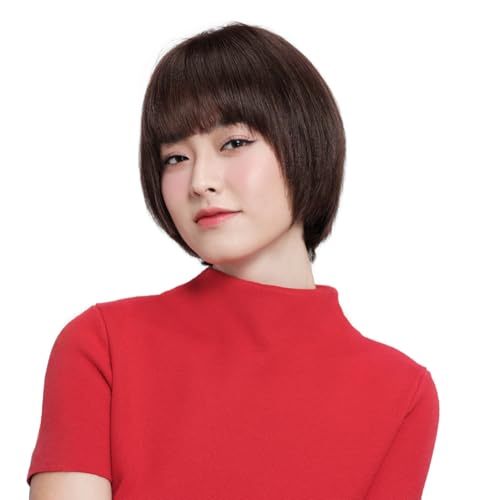 Rebecca Youth ウィッグ ボブ レディース フルウィッグ ショートストレート 女装 人毛 エアーバング 通気性 軽量 黒髪 (ダークブラウン, 25CM)