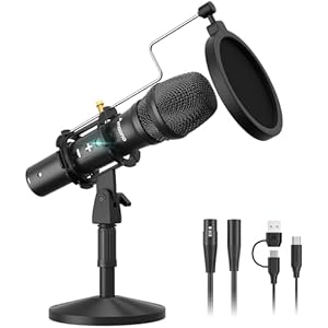 MAONO USB/XLR Podcast Dynamic Microphone, Studio Mic Kit with Volume Control, Shock Mount, Pop Filter, Ideal for Vocal, Instruments Recording, Voice Over, Live Streaming (HD300T) Black