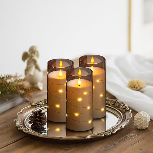 Image of Flickering Flameless Candles with Remote Timer, 6pcs LED Battery Operated Candles with Embedded String Lights Grey, Fall Halloween Candles Decor for Home, D3 H6