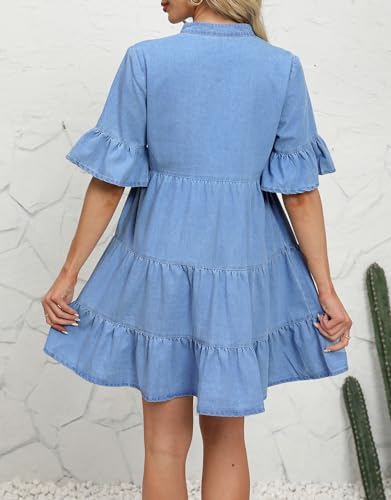 CYLADY Women Denim Dresses Casual V Neck Ruffle Short Sleeve Summer Denim Jean Dress2