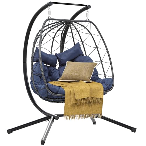 DWVO Doule Egg Hanging Swing Chair with Stand Egg Chair Wicker Indoor Outdoor Hammock Egg Chair with Cushions 500lbs for Patio, Bedroom, Garden and Balcony, Blue