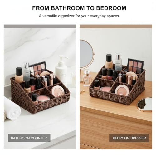 Image of Makeup Organizer, Hand-woven Wicker Basket for Dresser Vanity and Bathroom Countertop, 6 Compartment Skincare Organizer Cosmetic Display Case, Beauty Holder for Lipstick Brush Eyeshadow - Brown