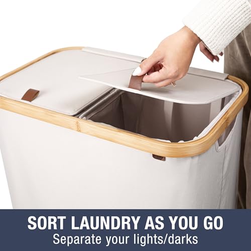 CleverMade Double Laundry Hamper with Lid, Collapsible Dual Compartment Clothes Hamper with Bamboo Frame + 2 Removable Bags for Sorting Laundry, Laundry Basket for Bedroom, Bathroom & Dorm - Stone by CleverMade - Used condition - Image 2
