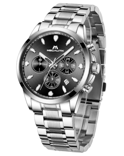 MEGALITH Herrenuhr Silber Edelstahl Armbanduhr: Chronographen Wasserdicht Analog Uhr Herren - Klassisch Designer Uhren mit Datum Leuchtend - Geschenke für Business Lässig Männer