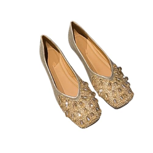 Women's Square Toe Flats Rhinestone Ballet Shoes,Fashion Wedding Flats for Women Comfortable Slip on Low Heel Shoes (B Gold,8.5)