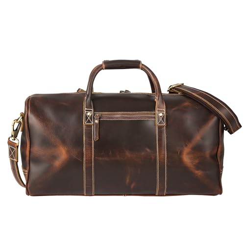 Image of KomalC Leather Duffle Bags for Men and Women Travel Overnight Weekend sports bag holdall Gym Duffel for Men (Dark Tan, 20 Inch)