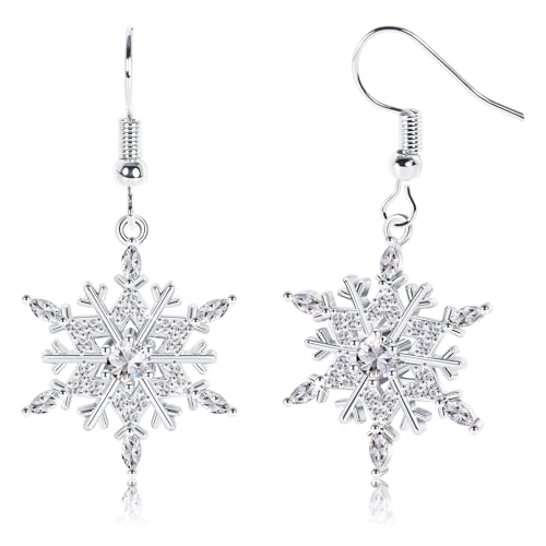 FANCH Orecchini Fiocco di Neve Argento per le Donne 18K Oro Bianco Placcato Leverback Pendenti Natale Fiocco di Neve Pendenti Orecchini Alto Lucido