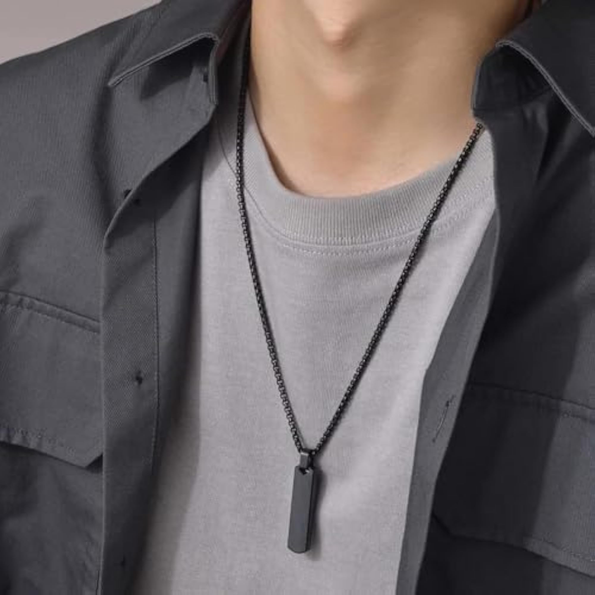 Men's Stainless Steel Bar Pendant Chain Necklace
